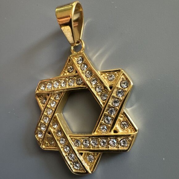 Stainless Steel Jewish Israel Star of David Necklace Bar Mitzvah Gold Zirconia - Picture 2 of 6